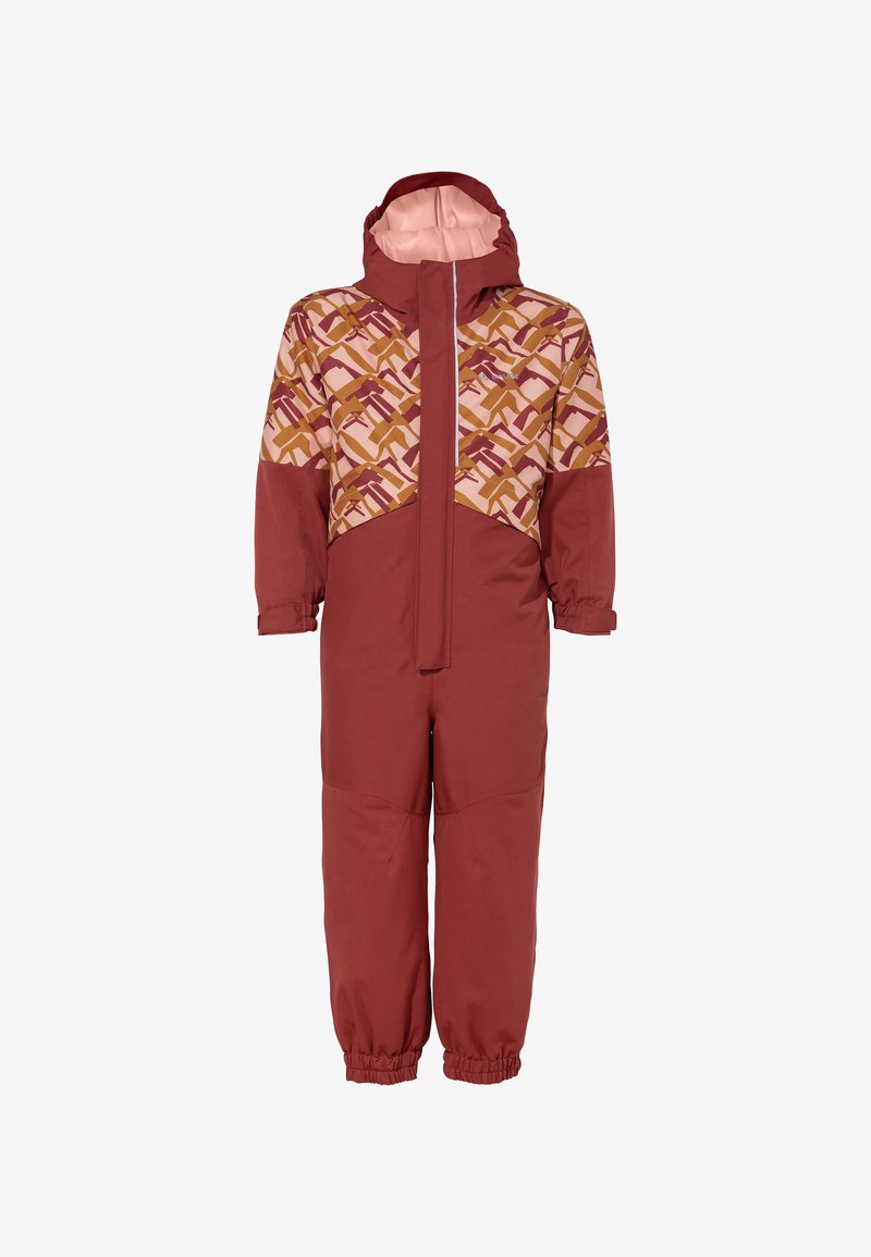 Burgunderfarget utendørs overall med et rosa og brunt geometrisk mønster på den øvre delen. Har glidelås foran og elastiske mansjetter ved anklene.