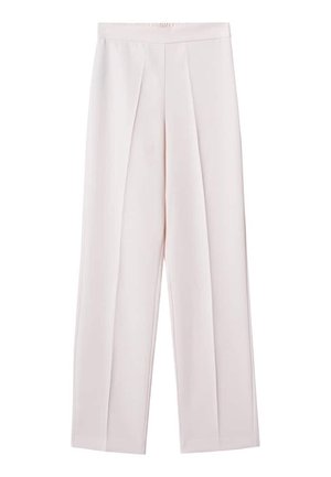 Lichtbeige, wijdvallende op maat gemaakte broek met voorplooien en een elastische tailleband, afgebeeld op een witte achtergrond.