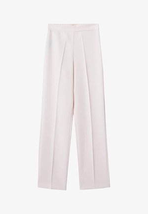 Pantalon beige clair à jambes larges, ajusté, avec plis devant et taille élastique, présenté sur fond blanc.
