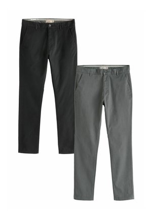 Pantalons chino en noir et gris foncé, avec une coupe droite, des poches avant, des passants de ceinture et un tissu en coton lisse avec une texture minimale.