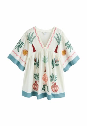 Weiße lockere Tunika mit weiten Ärmeln, blauem Saum und bunten bestickten Bäumen, Blättern, Sonnen und Vasen auf Vorderseite und Ärmeln.