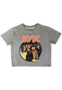 Gray cotton t-shirt featuring a circular graphic of six band members with 'AC/DC' in orange lettering and lightning bolt detail. Short sleeves.