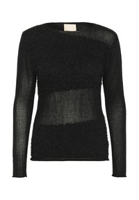 Maglietta nera a maniche lunghe con un design testurizzato composto da pannelli di tessuto diversi, inclusi sezioni lisce e pelose, scollatura rotonda e vestibilità slim.