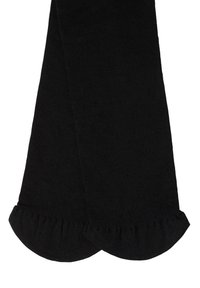 Svart halsduk av mjukt tyg med rynkad kant i båda ändar. Materialet har en mjuk struktur och en enhetlig färg.