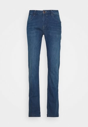 Donkerblauwe denim jeans met een slim fit, vijf-pocket ontwerp, riemlussen en een knoopsluiting, met lichte vervaging op de stof.