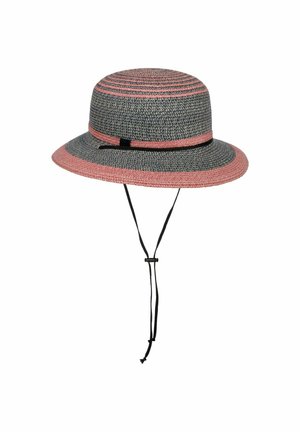 Breitrandiger, grauer und rosa geflochtener Sonnenhut mit schwarzem, verstellbarem Kinnriemen und kleinem schwarzem Banddetail am Hutband.