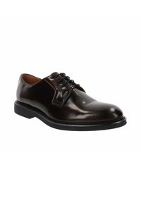 Chaussure de costume pour homme en cuir noir brillant avec laçage fermé, bout arrondi et semelle noire sur fond blanc.