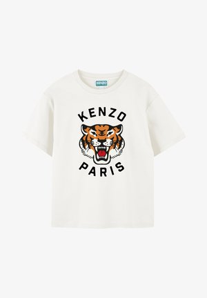 Witte katoenen t-shirt met een zwart en oranje tijgerafbeelding, met daarboven "KENZO" en daaronder "PARIS" in vetgedrukte letters. Korte mouwen, losse pasvorm.