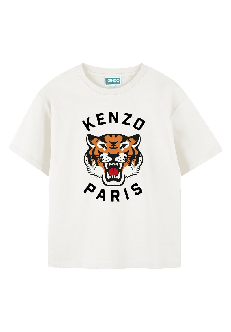 T-shirt en coton blanc avec un graphisme de tigre noir et orange, "KENZO" au-dessus et "PARIS" en dessous en lettres majuscules. Manches courtes, coupe décontractée.