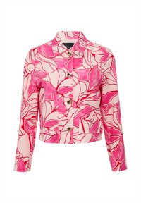 Veste à imprimé floral rose et blanc, présentant un col à revers, des boutons sur le devant et des manches longues avec une finition en tissu texturé.