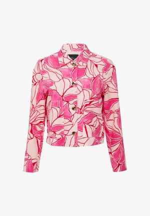 Bloemenprint jack in roze en wit, met een kraag, knopen aan de voorkant en lange mouwen met een gestructureerde stofafwerking.