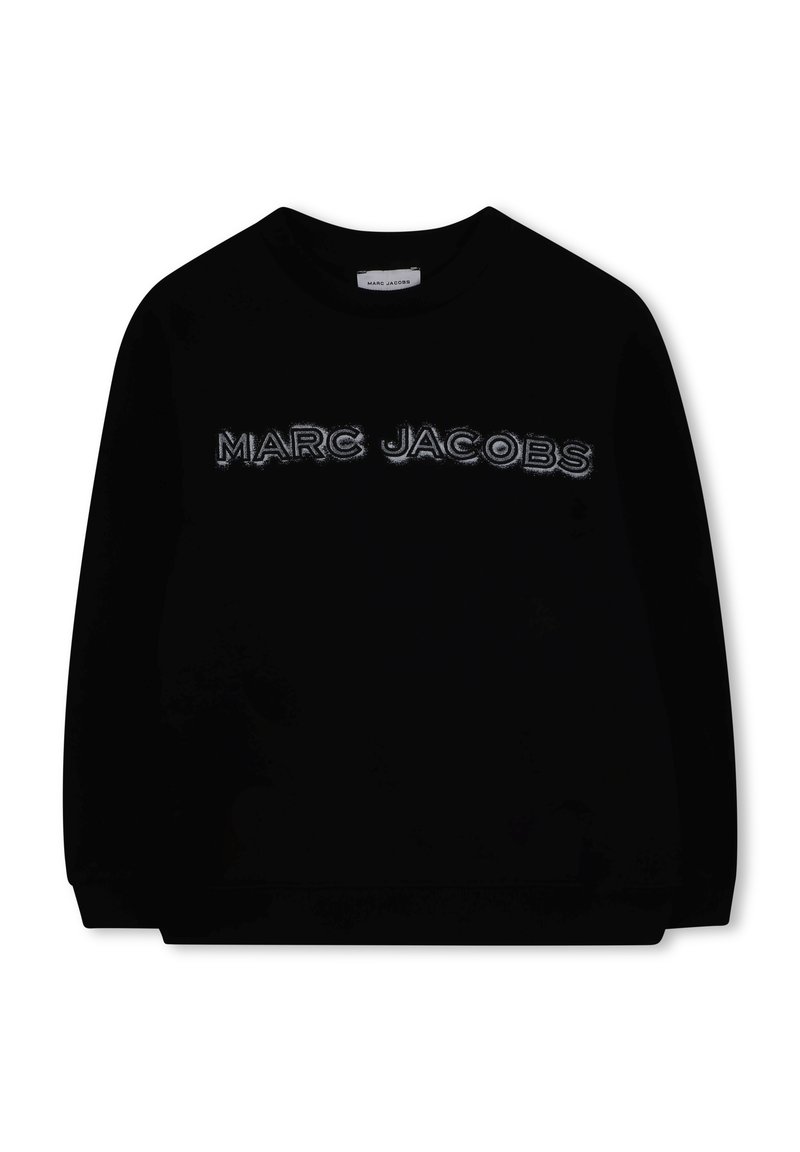Svart sweatshirt med rund hals, med en upphöjd vit logotyp "MARC JACOBS" över framsidan. Slät tyg, långa ärmar, ribbade muddar.