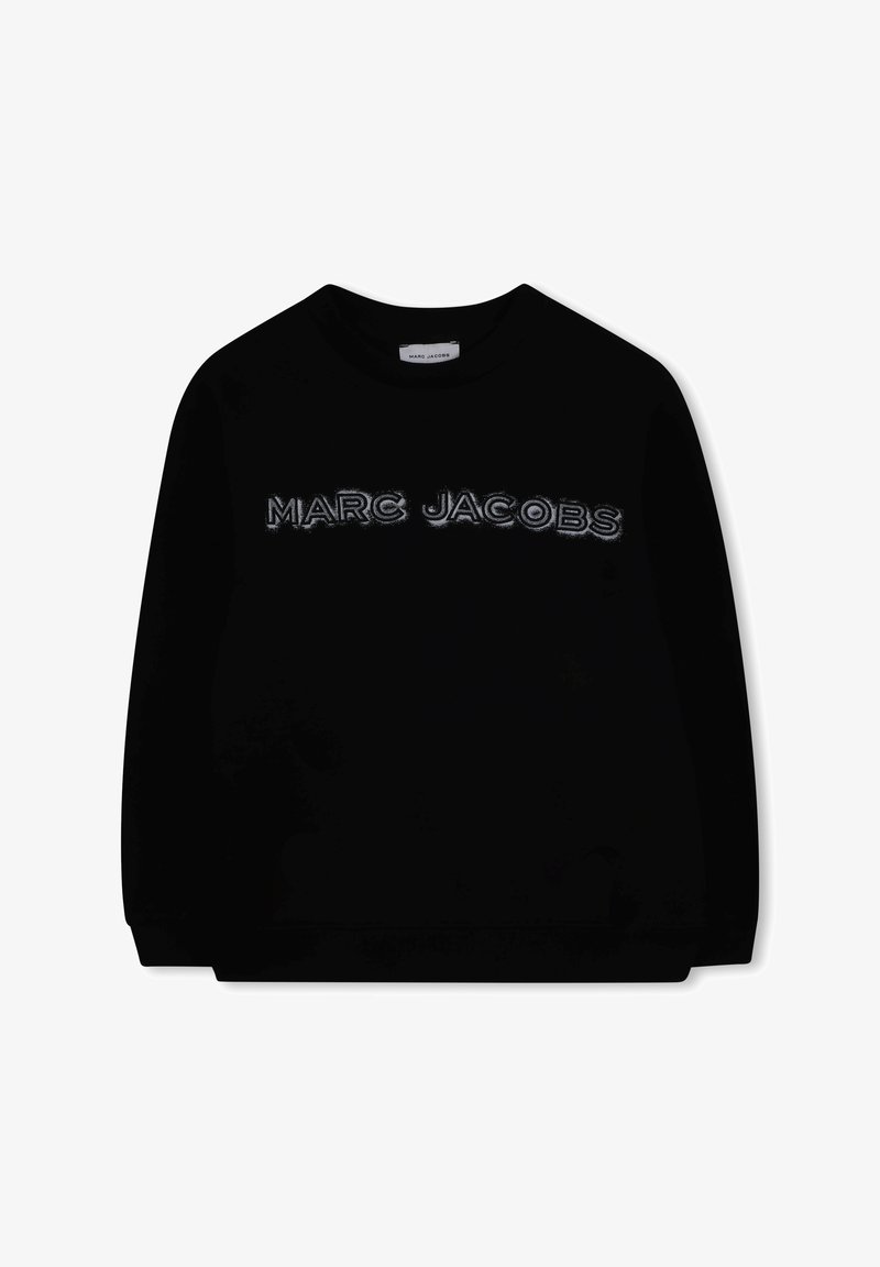 Svart sweatshirt med rund hals, med en upphöjd vit logotyp "MARC JACOBS" över framsidan. Slät tyg, långa ärmar, ribbade muddar.