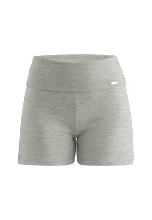Pantaloni corti in cotone grigio con una vita larga e piegata, caratterizzati da una superficie liscia e un design minimalista, adatti per abbigliamento casual o sportivo.