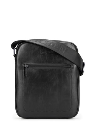 Black leather crossbody bag with front zippered pocket and adjustable shoulder strap embossed with brand name Wittchen.