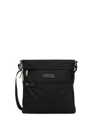 Borsa a tracolla nera in nylon con tasca frontale con zip, tracolla regolabile e patch con il marchio. Texture liscia e design minimalista.