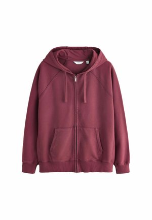 Dunkelroter Kapuzenpullover mit Reißverschluss, Fronttaschen, Kapuze mit Kordelzug sowie gerippten Bündchen und Saum, flach auf einem weißen Hintergrund liegend.