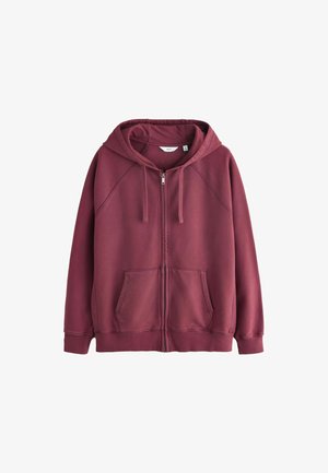 Dunkelroter Kapuzenpullover mit Reißverschluss, Fronttaschen, Kapuze mit Kordelzug sowie gerippten Bündchen und Saum, flach auf einem weißen Hintergrund liegend.