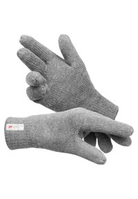 Grå strikkede handsker med ribbet tekstur, der har et design med tre fingre på den ene hånd og en tommel på den anden, mærket med et 3M-tag.