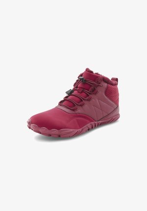 Mid-top athletic shoes in dark red with a smooth, textured design, elastic laces, and a fur-lined collar for added warmth.