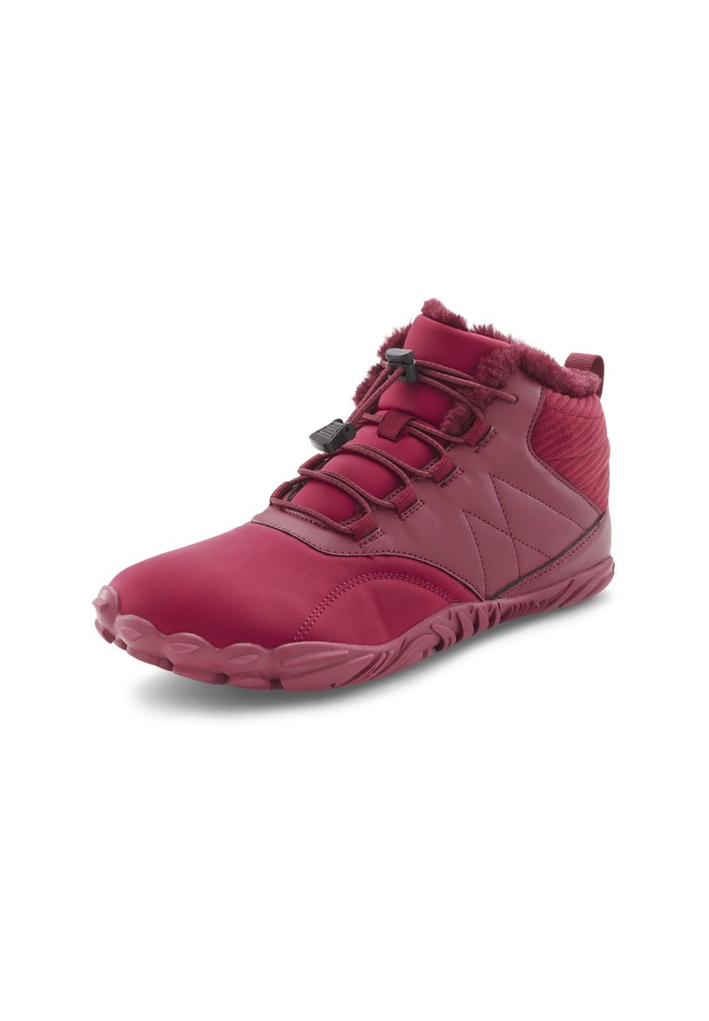 Mittelhohe Sportschuhe in dunklem Rot mit einem glatten, strukturierten Design, elastischen Schnürsenkeln und einem mit Fell gefütterten Kragen für zusätzliche Wärme.