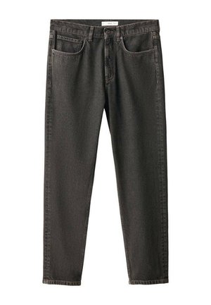 Jeans de mezclilla negra con un diseño de pierna recta, cinco bolsillos y cierre de botón. Presenta una textura suave y un ligero detalle desgastado.