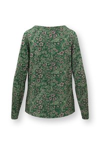 Langarmshirt in het groen met een bloempatroon. Heeft een ronde halslijn en een zachte, geweven stof. Achteraanzicht weergegeven.