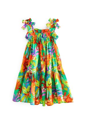Robe sans manches vert vif avec imprimé floral tropical orange, violet et jaune et bretelles nouées en nœud.