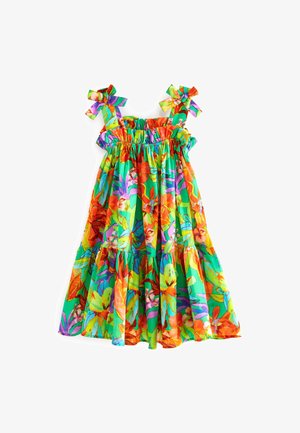 Robe sans manches vert vif avec imprimé floral tropical orange, violet et jaune et bretelles nouées en nœud.