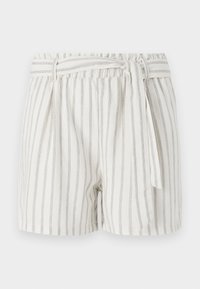 Shorts blancs à rayures avec des rayures grises, taille élastique et détail de nœud à l'avant. Tissu léger avec une coupe décontractée.