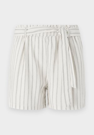 Valged triibulised püksid hallide triipudega, elastse vöökoha ja seotud esidetailiga. Kerge kangas ja mugav lõige.