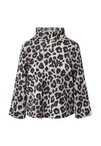 Top a collo colletto ringer con stampa leopardata in crema e nero, realizzato in tessuto morbido, presenta una vestibilità comoda e maniche a campana con colletto alto.