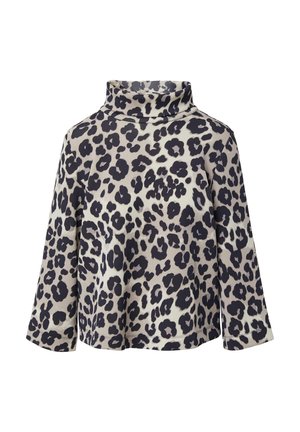 Haut col roulé en imprimé léopard crème et noir, fabriqué dans un tissu doux, avec une coupe décontractée et des manches évasées, ainsi qu'un col haut.