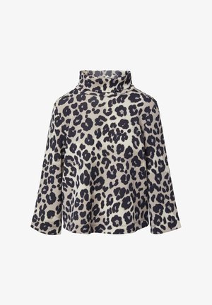 Leopardprint coltrui in crème en zwart, gemaakt van zachte stof, heeft een relaxte pasvorm en uitlopende mouwen met een hoge hals.