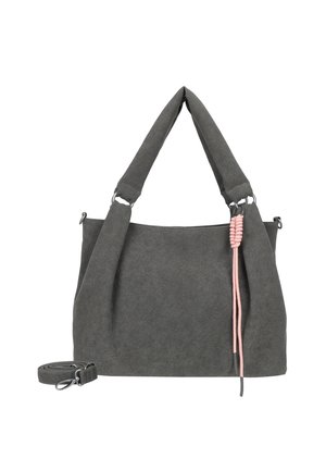 Gray suede handbag with a structured shape, dual handles, and a detachable strap. Features a pink cord accent on the side.