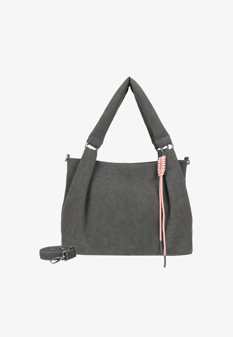 Graue Wildleder-Handtasche mit einer strukturierten Form, doppelten Griffen und einem abnehmbaren Riemen. Besitzt einen pinken Kordelakzent an der Seite.