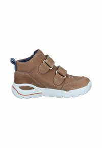 Brown suede high-top shoe with two Velcro straps, white rubber sole, and contrasting stitching. Features a blue fabric lining and heel tab.