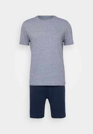 Two-piece outfit featuring a heathered blue short-sleeve T-shirt and navy lounge shorts, made from soft, breathable fabric.