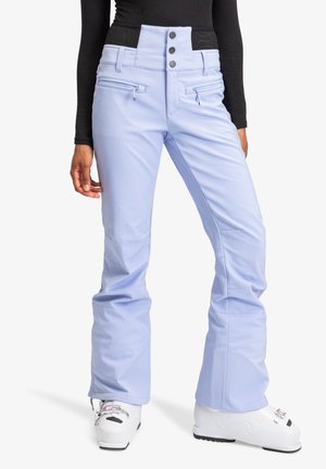 Light blue snow pants with high waist, three-button closure, and zippered pockets. Made from smooth, water-resistant material.