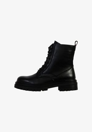 Black leather ankle boots with a rugged sole, featuring front lacing and a pull tab at the back. Smooth texture and durable design.