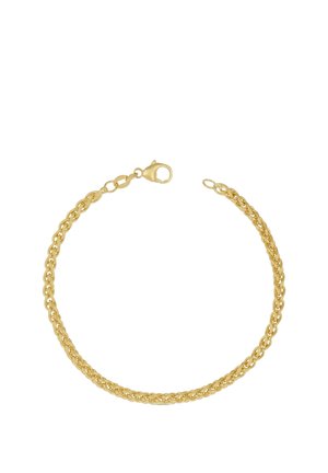 Goldfarbenes Kettenarmband mit geflochtenen Gliedern und Karabinerverschluss auf weißem Hintergrund.
