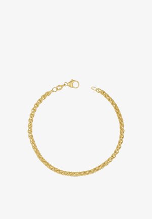 Braccialetto a catena tono oro con maglie intrecciate e chiusura a moschettone su sfondo bianco.