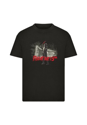 Black cotton t-shirt featuring a graphic of a figure with a mask and machete, and the text "FRIDAY THE 13TH" in red. Classic fit.