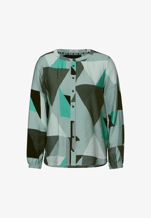 Blouse à manches longues avec un motif géométrique dans des tons de sarcelle, noir et gris, dotée d'un col rond et d'une fermeture par boutons.