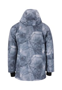 Harmaa kuvioitu takki hupulla, jossa on teksturoitu, abstrakti muotoilu. Pitkät hihat, joissa mustat yksityiskohdat resoreissa.