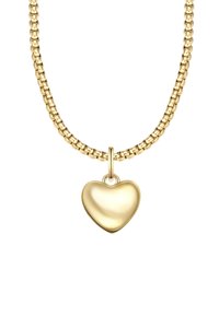 Arany lánc nyaklánc kerek szív alak�ú medállal. A lánc összekapcsolódó gyűrűkből áll, és fényes felületű, amely sima textúrát mutat be.