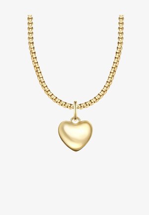 Collana in oro con pendente a forma di cuore arrotondato. La catena presenta anelli intrecciati e una finitura lucida, mostrando una texture liscia.