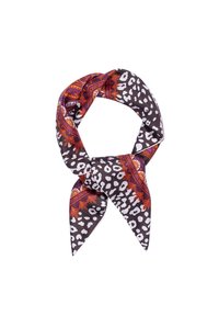 Seidenschal mit einem dunkelbraunen Grund, verziert mit lebhaften orangefarbenen und lila Paisleymustern sowie weißen Leopardenflecken, zu einer Schleifenform gebunden.