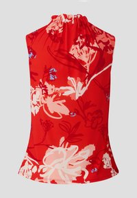 Rode mouwloze top met een geplooide halslijn, bloemenpatroon in tinten van roze, wit en blauw, met een gladde, zachte textuur.