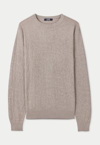 Ljusbeige crewneck-tröja med ett texturerat stickmönster. Har långa ärmar och ribbade fållar för en figurnära silhuett. Märkeslapp synlig.